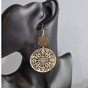 Boutique Delicate Boho Gold-Tone Filigree Dangle Double Circle Earrings